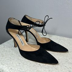 Vintage 90s Manolo Blahnik Suede Ankle Ties Heels Color: Black Made In Italy Size Eu 38 Us 7.5 - Runs Notoriously Small Ankle Ties Detail Lightly Worn - Excellent Condition Flaw: One Heel Needs To Be Reheeled. Heel Height: 3.75” Formal Fitted Lace-up Heels, Fitted Lace-up Formal Heels, Black Ankle Tie Heels For Formal Occasions, Ankle Tie Heels, Shoes Manolo Blahnik, Manolo Blahnik Black, Blahnik Shoes, Manolo Blahnik Shoes, Manolo Blahnik