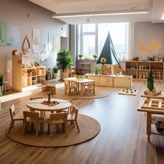 a child's playroom with wooden tables and chairs