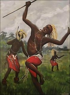 an oil painting of three african women dancing