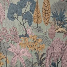 an image of a wallpaper with trees and plants on it in pastel colors