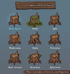 an image of different types of wood in the game, including stumps and moss