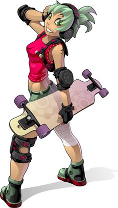 a cartoon character holding a skateboard in one hand and wearing knee pads on the other