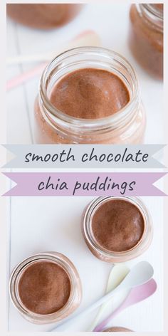 two jars filled with chocolate chia puddings on top of a white table next to spoon