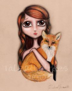 a drawing of a girl holding a red fox in her arms and looking at the camera