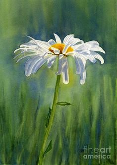 a painting of a white flower with green grass in the background