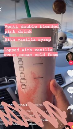 someone holding up a drink in their hand with the words, i want double blended pink drink