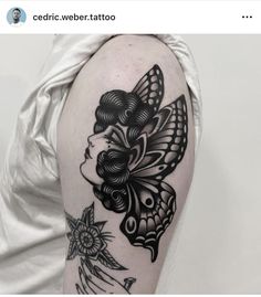 a woman with a butterfly tattoo on her arm