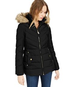 $280 Michael Kors Down Feather Fill Coat Zip-detachable hood with toggle drawstring and faux fur trim Funnel collar Chevron-quilted front bodice, back bodice and long sleeves Front zip closure with logo zip pull Smocked insets at sides and sleeves Faux front snap-flap pockets with functional slit pockets Logo hardware on sleeve, rib-knit cuffs Lined, filled Shell & lining: polyester; knit trim: acrylic; faux fur trim face: modacrylic/acrylic; faux fur trim back: polyester; body fill: down/ water Michael Kors Jacket, Coat Puffer, Hooded Faux, Pajama Romper, Down Puffer Coat, Black Down, Unisex Baby Clothes, Coat Design, Set Outfit