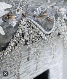 a fire place covered in lots of crystals