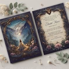 two wedding cards with an image of the bride and groom on them, surrounded by flowers