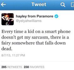 tweet about hayley from parmaore on twitter, with caption'every time a kid on a smart phone doesn