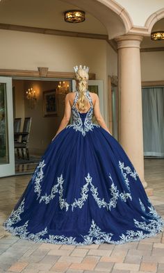 Navy blue high neck quinceanera ball gown with silver lace embroidery. Navy Quinceanera Dresses, Navy Quinceanera, Navy Blue Quinceanera, Navy Blue Quinceanera Dresses, Blue Quinceanera Dress, White Ball Gowns, Quinceanera Ideas, Quinceanera Dresses Blue, Quince Dress