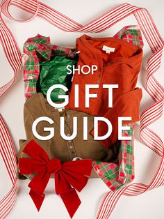 a gift guide with red and green bows