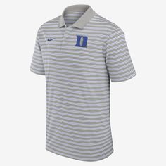 Combining sweat-wicking technology and breathable pique fabric, the Primetime Victory Striped Polo helps you comfortably represent the Duke Blue Devils with team embroidery and a traditional pattern. Team-colored Polo Shirt For Sports Season, Blue Polo Shirt For Sports Season, Moisture-wicking Polo Shirt For Sports Events, Gray Cotton Polo Shirt For Sports, Cotton Moisture-wicking Polo Shirt For Team Events, Moisture-wicking Cotton Polo Shirt For Sports, Cotton Moisture-wicking Polo Shirt For Sports Season, Breathable Cotton Polo Shirt For Sports, Blue Sporty Polo Shirt For Sports Season