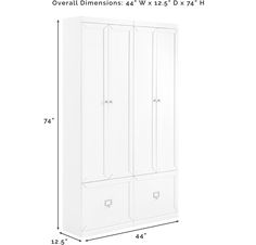 the measurements for an armoire cabinet with drawers and doors on each side, shown in white