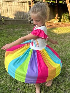 Back to School Flutter dress. Moderate twirl. Rainbow colors on the bottom for a beautiful twirl. School supplies in the rainbow on bodice Summer Playtime Twirl Dress With Ruffle Hem, Summer Twirl Dress With Ruffle Hem For Playtime, Spring Playtime Twirl Dress With Flutter Sleeves, Multicolor Flutter Sleeve Dress With Ruffle Hem, Cute Flowy Twirl Dress With Ruffles, Playful Rainbow Dress With Ruffles, Playful Twirl Dress With Ruffle Hem For Playdate, Playful Pink Twirl Dress With Flutter Sleeves, Spring Rainbow Print Short Sleeve Dress