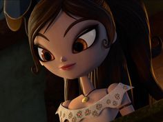 a cartoon girl with long hair and big eyes wearing a white dress looking at the camera