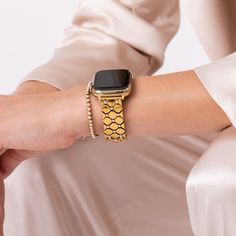 Final Few in Gold! Is that really an Apple Watch? YES! Transform your tech with shimmery pearl cabochons embedded in diamond-shaped links. This beautifully constructed band wraps around your wrist elegantly and makes a strong fashion statement: Refined & Sophisticated. Elegant Watch Band With Bracelet Strap, Elegant Silver Apple Watch Band For Formal Occasions, Elegant Watch Accessories With Bracelet Strap, Adjustable Metal Elegant Watch Bands, Elegant Gold Bracelet With Interchangeable Details, Elegant Gold Interchangeable Bracelet, Luxury Adjustable Metal Apple Watch Band, Elegant Adjustable Metal Apple Watch Band, Elegant Adjustable Apple Watch Band For Gift