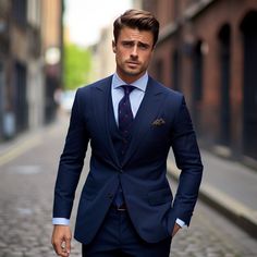 This is a Premium 3 Piece Suit crafted from high quality fabric and imported materials. Our products are handcrafted by experienced tailors who make sure the that the stitching is precise, lining is proper and the overall product is sturdy enough to not go out of shape for more than a few years. Also all our products have extra margins in their length, sleeves, sides so it's easily alterable if your size changes after some time. To see more available colours and designs in this collection, Check Designer Suits For Men Classy, Navy Blue Suit Men, 3 Piece Suit Men, Blue Mens Suit, Mens Suits Navy, Blue Three Piece Suit, Grooms Men, Suit For Wedding, Mens Work Outfits