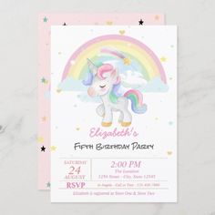 a pink unicorn birthday party card with stars and rainbows