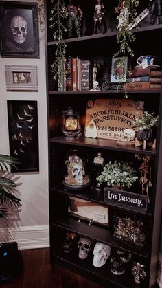 a bookshelf filled with lots of different types of plants and skulls on top of it