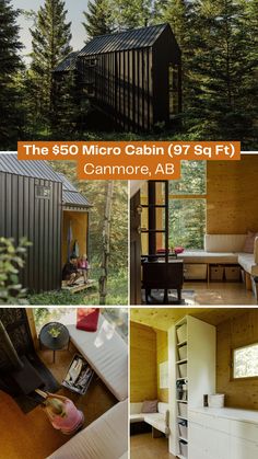 this is a collage of photos showing the interior and exterior of a cabin in the woods