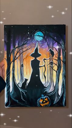 Halloween painting , easy Halloween painting , Halloween painting ideas , Halloween, witches, black cat, Jack-o-lantern, painting Haunted House Painting Ideas, Haunted House Painting, House Painting Ideas, Cabin Painting, Expressive Drawing, Witches Woods, Class Door, Sip N Paint