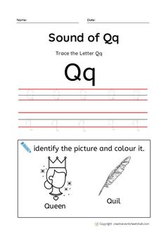 a letter q worksheet with an image of a feather and the word q