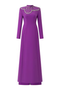 Indulge in pure luxury with our Ao Dai. The rich, velvety texture combined with the elegant high neck design and floor length cut exude sophistication and exclusivity. Elevate your style and make a statement with this exquisite piece. Length: 150cm (Ao Dai), 110cm (Pants) Elegant Purple Floor-length Evening Dress, Elegant Long Gown With Sweep Train, Elegant Purple Formal Gown, Elegant Purple Floor-length Maxi Dress, Luxury Full-length Gown, Elegant High Neck Maxi Dress For Wedding, Elegant Long Evening Dress For Gala, Elegant Purple Maxi Evening Dress, Elegant Maxi Length Gown