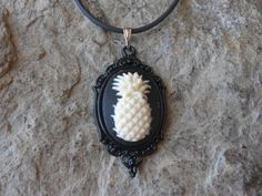 Stunning Pineapple Cameo Pendant Necklace - Great Quality - Unique Piece - Tropical, Vacation, Cruis Black Cameo Necklace Gift, Black Cameo Necklace As A Gift, Black Cameo Necklace For Gift, Black Cameo Jewelry For Gifts, Black Cameo Jewelry As A Gift, Earrings Cuff, Vacation Jewelry, Tropical Jewelry, Cameo Pendant Necklace