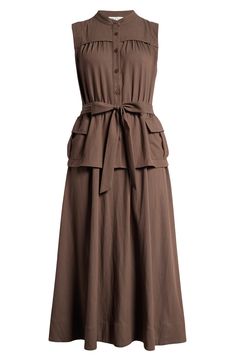 Cargo pockets lend utilitarian flair to a sleeveless midi dress cast in a delightfully earthy hue. 46" length (size Medium) Front button closure Band collar Sleeveless Side cargo flap-patch pockets Removable tie belt Unlined 65% polyester, 35% nylon Dry clean Imported Brown Midi Dress With Pockets For Summer, Brown Summer Midi Dress With Pockets, Brown Workwear Dress With Pockets, Sleeveless Midi Dress With Pockets For Work, Midi-length Sleeveless Dress With Pockets For Work, Midi Length Sleeveless Workwear Dress With Pockets, Midi Length Sleeveless Dress With Pockets For Work, Knee-length Sleeveless Dress With Pockets For Work, Brown Spring Midi Dress With Pockets