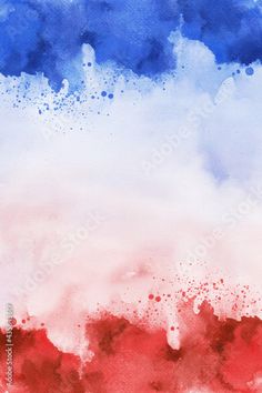 an abstract watercolor painting with red, white and blue paint splattered on it