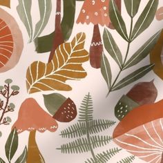 a close up view of a wallpaper with leaves and plants on it's surface