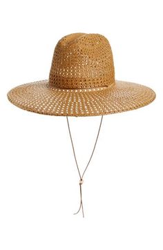 An adjustable chin strap keeps this wide-brim braided-straw hat in place while you read a pulpy novel on the beach. Drawcord-toggle chin strap Paper straw/textile Spot clean Imported Adjustable Summer Straw Hat With Open Weave, Adjustable Open Weave Sun Hat For Beach, Adjustable Open Weave Summer Straw Hat, Adjustable Woven Straw Hat For Vacation, Adjustable Open Weave Hat For Vacation, Adjustable Open Weave Sun Hat For Summer, Adjustable Casual Hat With Open Weave, Adjustable Open Weave Summer Sun Hat, Adjustable Open Weave Hat For Spring