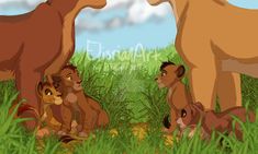 the lion family is standing in tall grass and looking at each other with their backs to one another