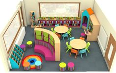 an aerial view of a children's playroom with tables and chairs