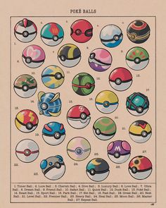 the pokemon poke balls poster is shown in various colors and sizes, with different designs