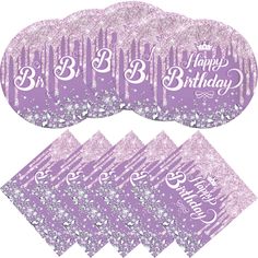 purple glitter birthday napkins with the words happy birthday on them