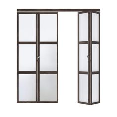 an open door with glass panels on the outside and inside doors in brown color, isolated against a white background