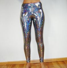 Holographic Leggings - Burningman, Halloween, Silver, Gold, Black - Festival Shiny Sparkle Stretch D Holographic Fashion, Sparkle Leggings, Holographic Fabric, Dance Women, Silver Holographic, Shiny Pants, Nevada City, Fashion Fail, Hip Ups