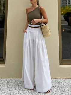 Loose Wide Leg Belted Solid Color Casual Pants Bottoms Trousers - rrdeye White Cotton Wide Leg Pants For Day Out, White Wide Leg Pants For Day Out, White Full-length Wide Leg Pants For Day Out, White Full Length Wide Leg Pants For Day Out, White Non-stretch Wide-leg Pants, White Non-stretch Bottoms For Summer, White Non-stretch Summer Bottoms, White Solid Color Bottoms For Beach, Elegant Vacation Bottoms Solid Color