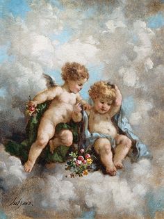 two cherubs sitting on top of a cloud