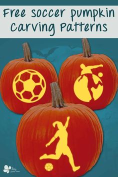 three pumpkins with the words free soccer pumpkin carving patterns on them, and an image of