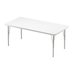 a rectangular white table with four legs on an isolated white background, viewed from the front