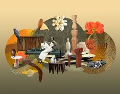 an artistic collage with flowers, vases and other items