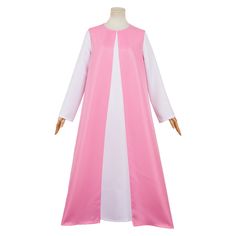 a pink and white dress on a mannequin's head with long sleeves