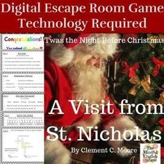 a poster with santa claus in front of a christmas tree and text that reads digital escape room game technology required