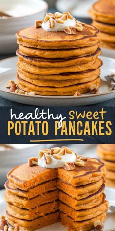 stack of healthy sweet potato pancakes with whipped cream on top