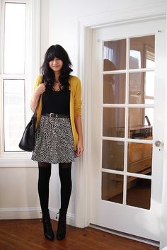 Have: mustard cardigan, tights, otk socks, black t shirt Need: black wedge booties, neutral grey skirt Mustard Cardigan, Pastel Outfit, Yellow Cardigan, Victoria Secrets, Beautiful Skirts, Looks Style, Work Fashion