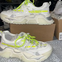 Nib Steve Madden Chunky Sneakers! Neon And White! New And So Cute! Size 8m In Ladies. Feel Free To Ask Any Questions Or Make Reasonable Offers. Trendy High-top Chunky Sneakers For Light Sports, Green Chunky Sneakers With Translucent Outsole For Streetwear, White Chunky Platform Sneakers For Sports, Trendy Low-top Platform Sneakers For Light Sports, Casual Neon Yellow Round Toe Sneakers, Casual Neon Yellow Sneakers With Round Toe, Urban Lace-up Sneakers With Chunky Platform, Trendy Yellow Round Toe Sneakers, Trendy Chunky Sneakers For Casual Sports